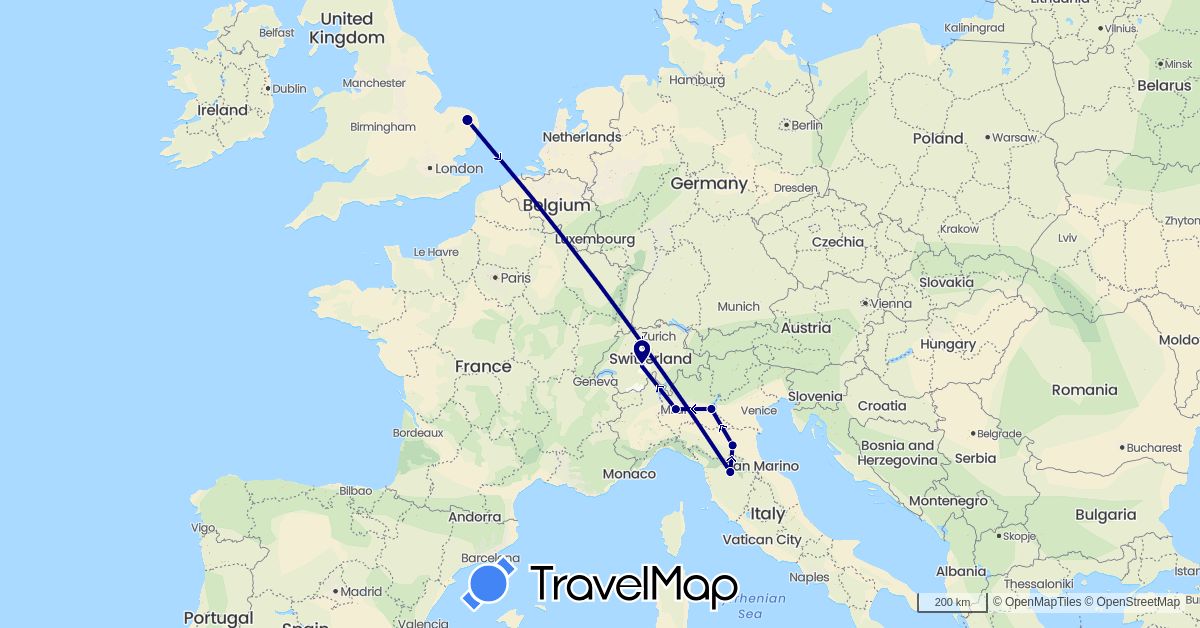 TravelMap itinerary: driving in Switzerland, United Kingdom, Italy (Europe)